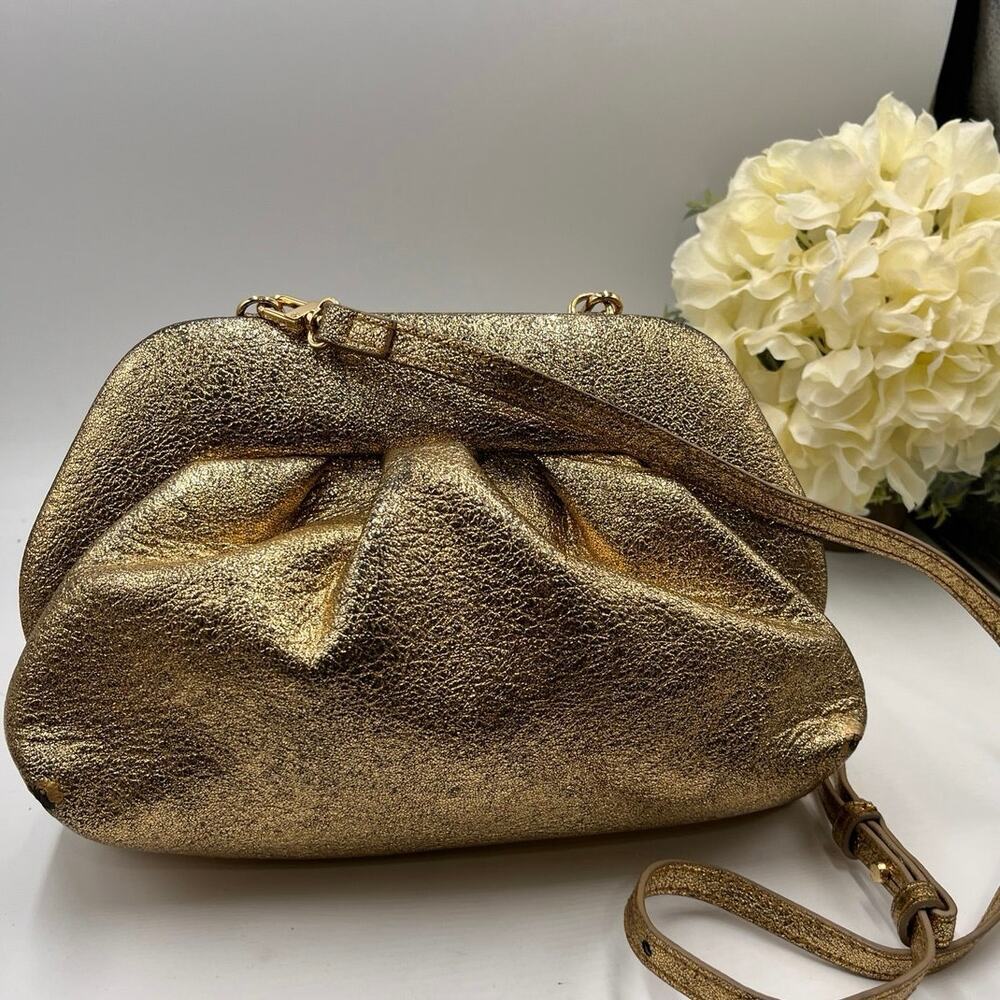 Themoire GEA TIA LAMINATED Metallic GOLD Vegan‎ Leather Ruched CLUTCH BAG
